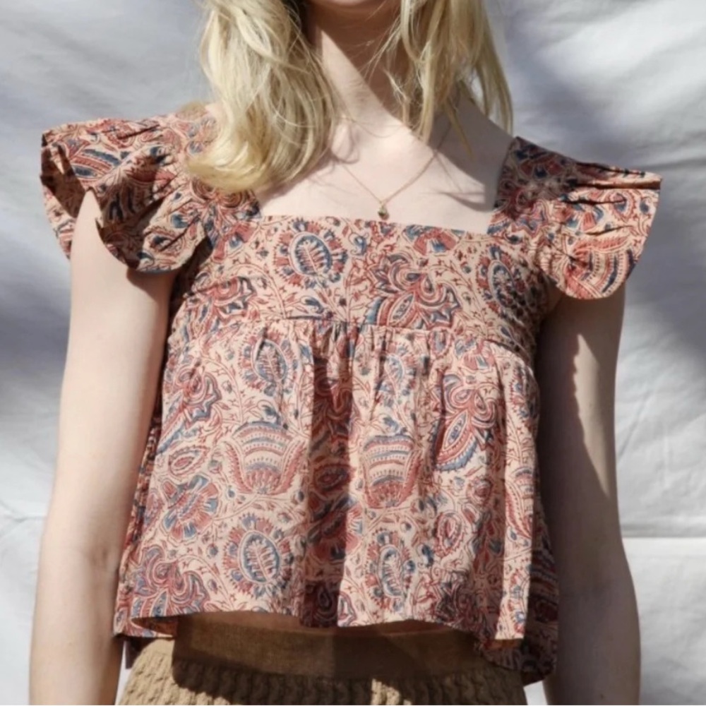 Matta Tabi Kalamkari Crop Ruffle Cotton Top